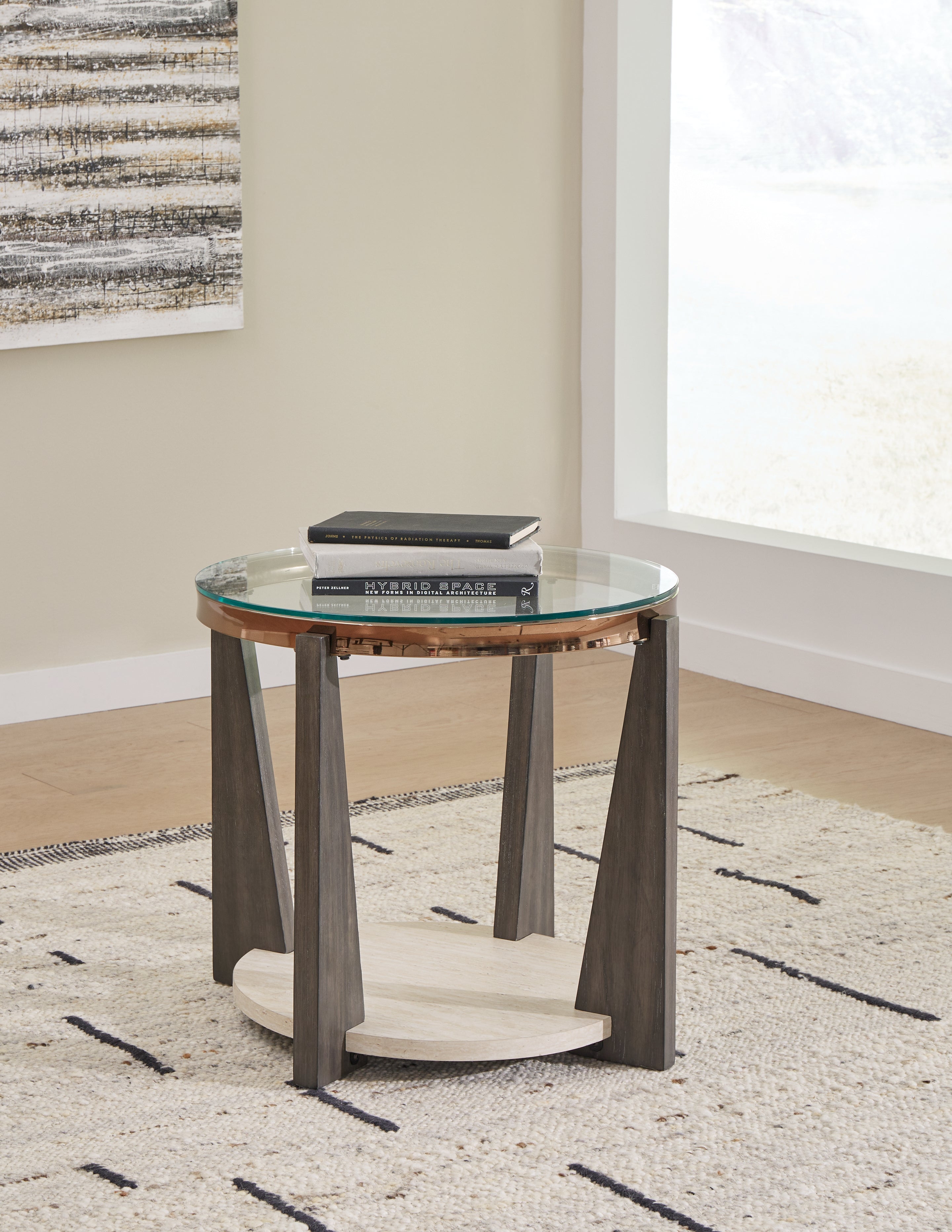 Ashley Furniture - FRAZWA ROUND END TABLE - Dark Gray Glass|Wood - Tables - Additional View 1