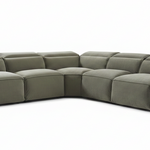 Modern living room with a sectional sofa, coffee table, and decorative elements.