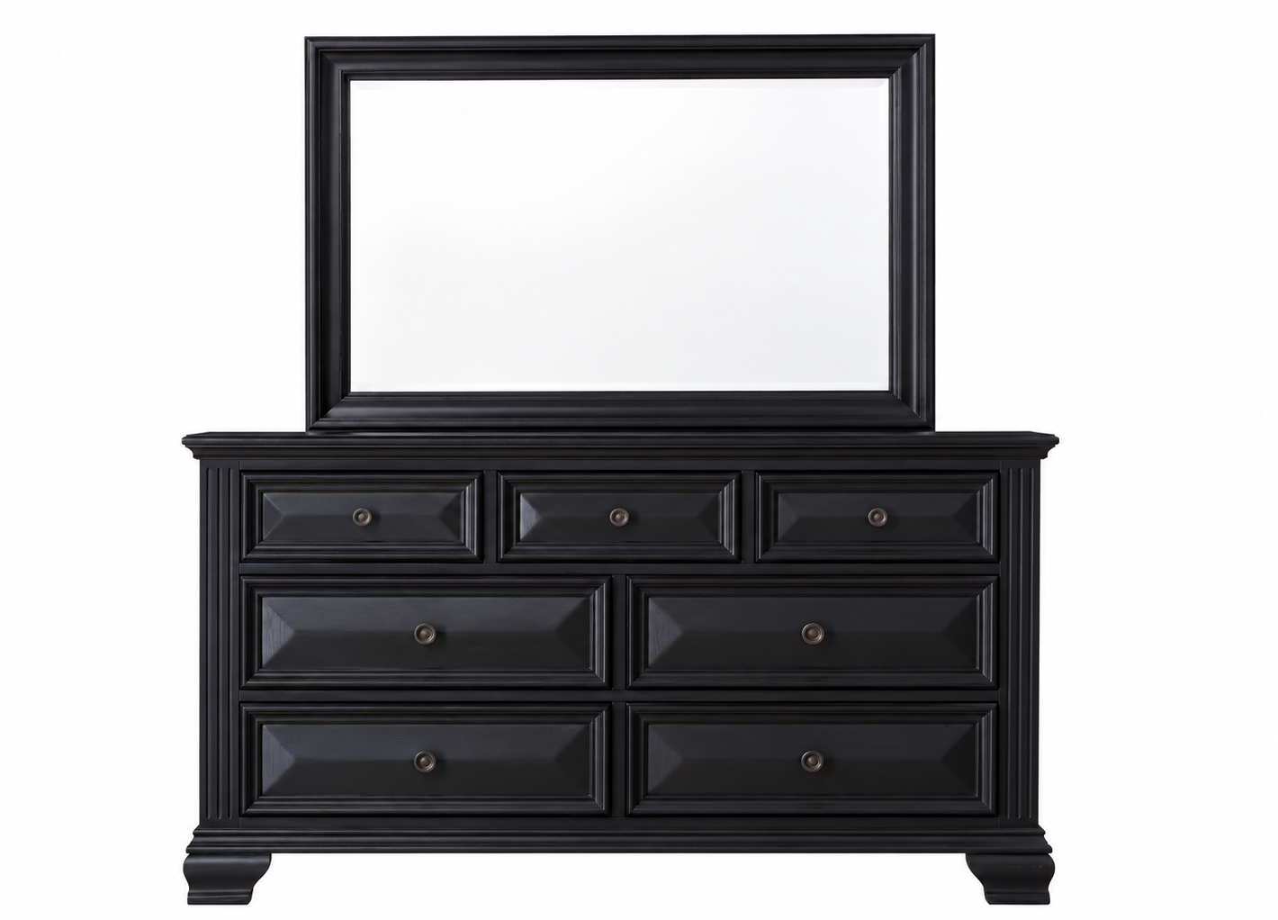 Black wooden dresser with six drawers and a matching rectangular mirror, shown on a plain white background.
