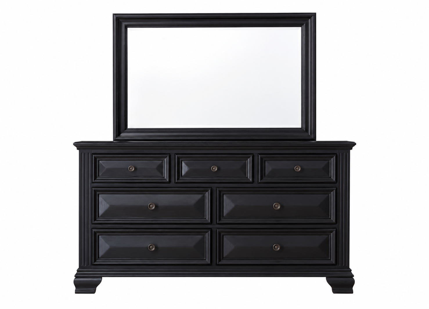 Black wooden dresser with six drawers and a matching rectangular mirror, shown on a plain white background.