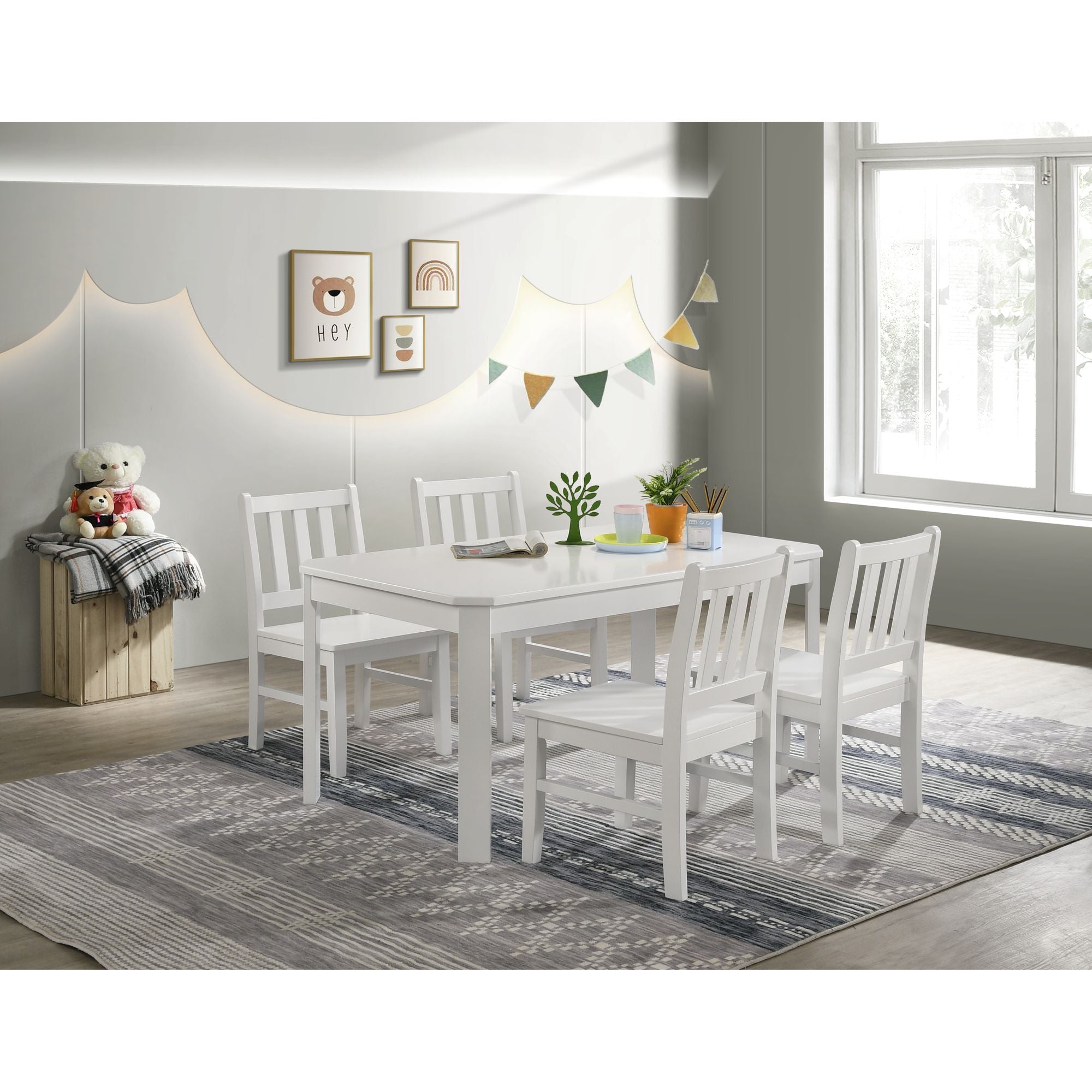 Elements International - KIDS 5PC TABLE AND CHAIR SET - White Wood - Dining Room Sets - Additional View 5