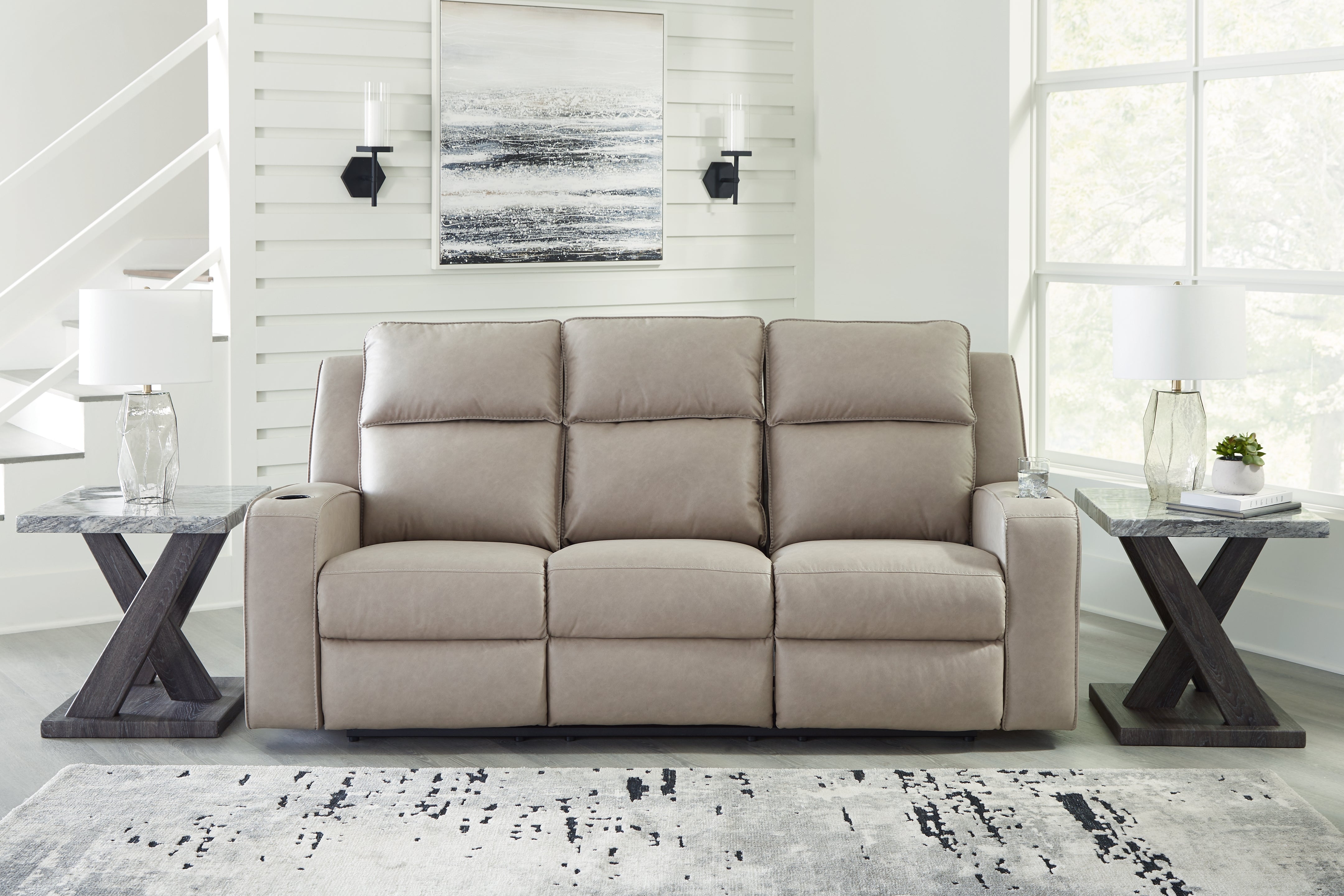 Ashley Furniture - Lavenhorne Reclining Sofa With Drop Down Table - Pebble - Pearl Silver Faux Leather - Sofas - Additional View 1