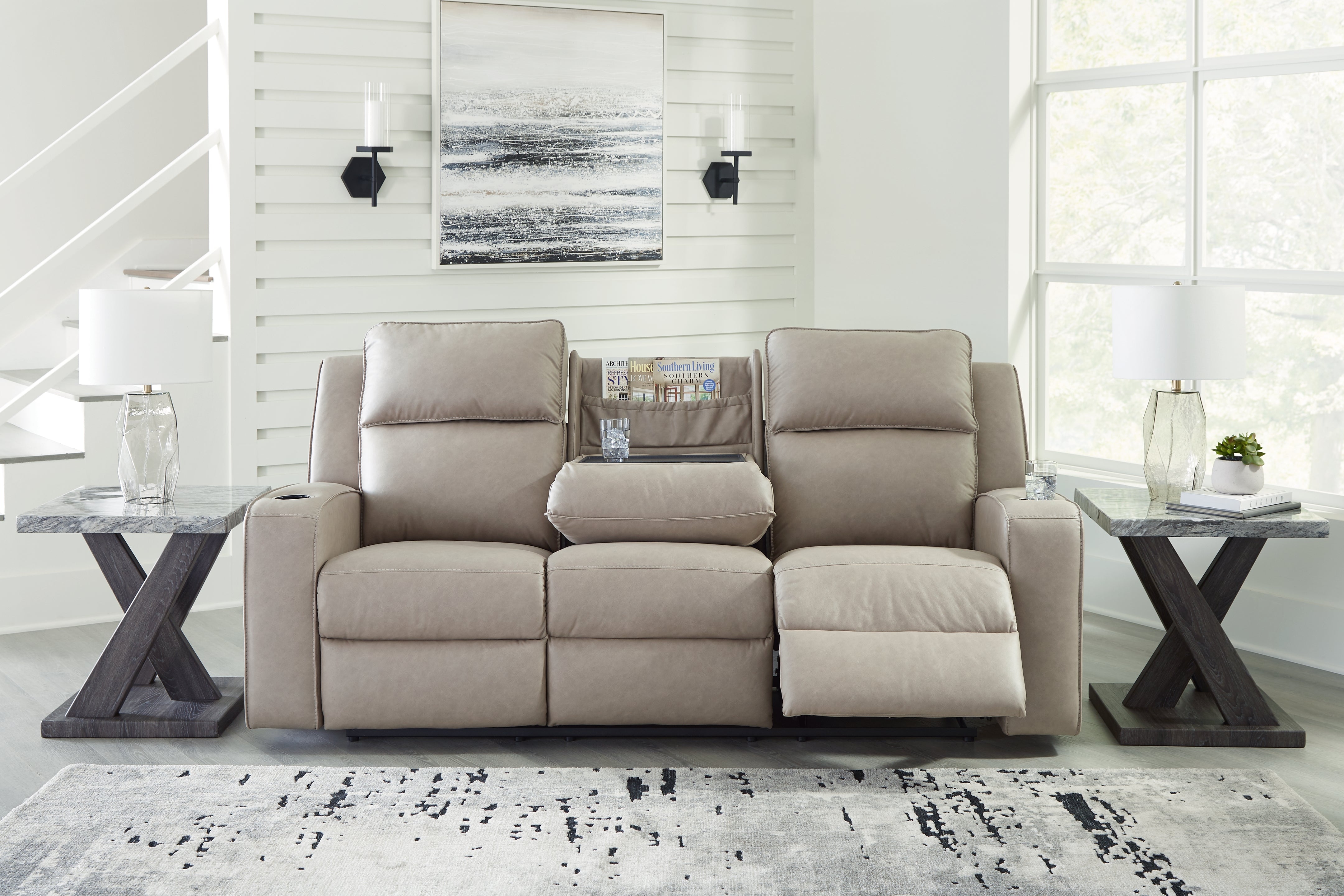 Ashley Furniture - Lavenhorne Reclining Sofa With Drop Down Table - Pebble - Pearl Silver Faux Leather - Sofas - Additional View 6