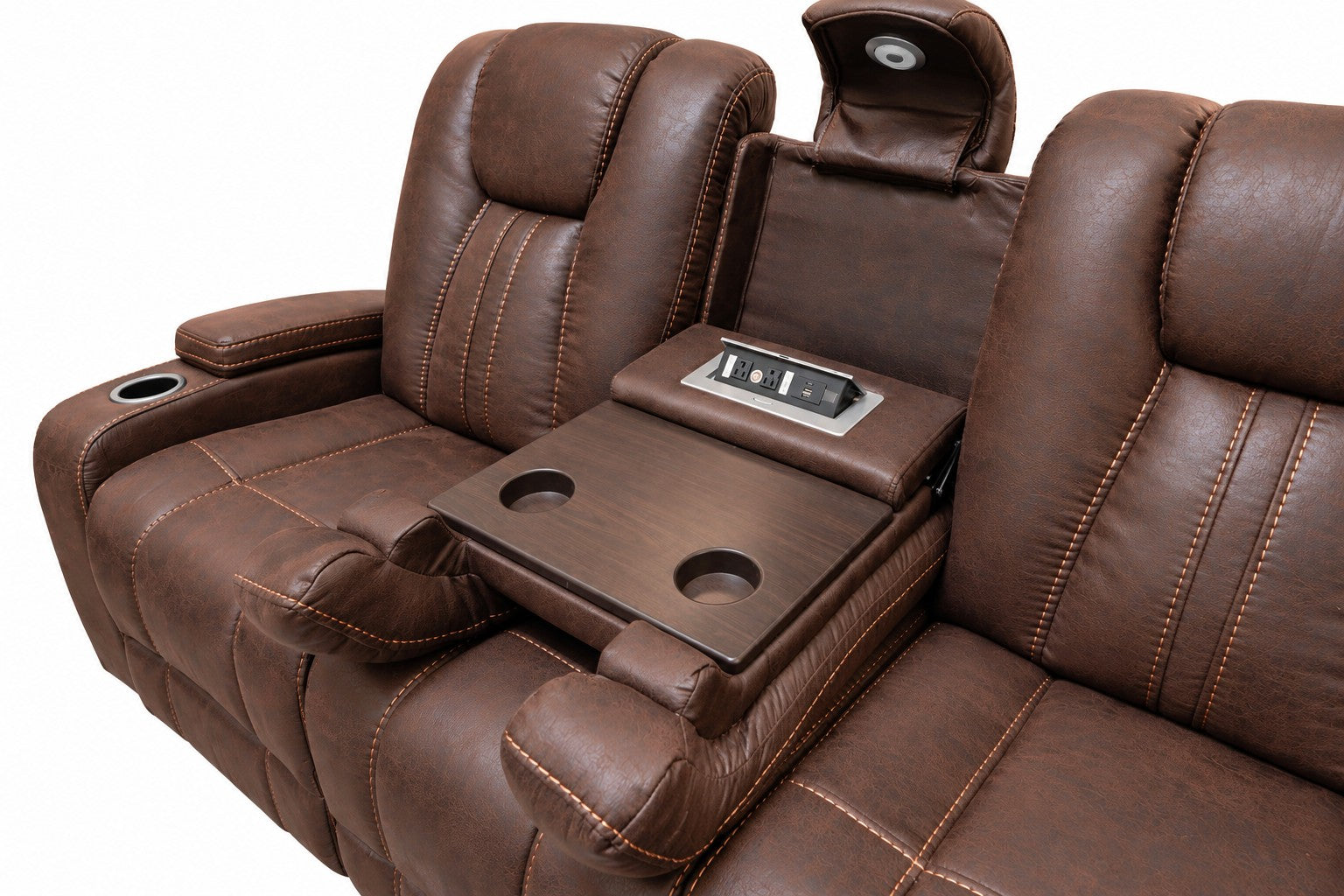 Ozias Brown Reclining Sofa With Drop Down Table