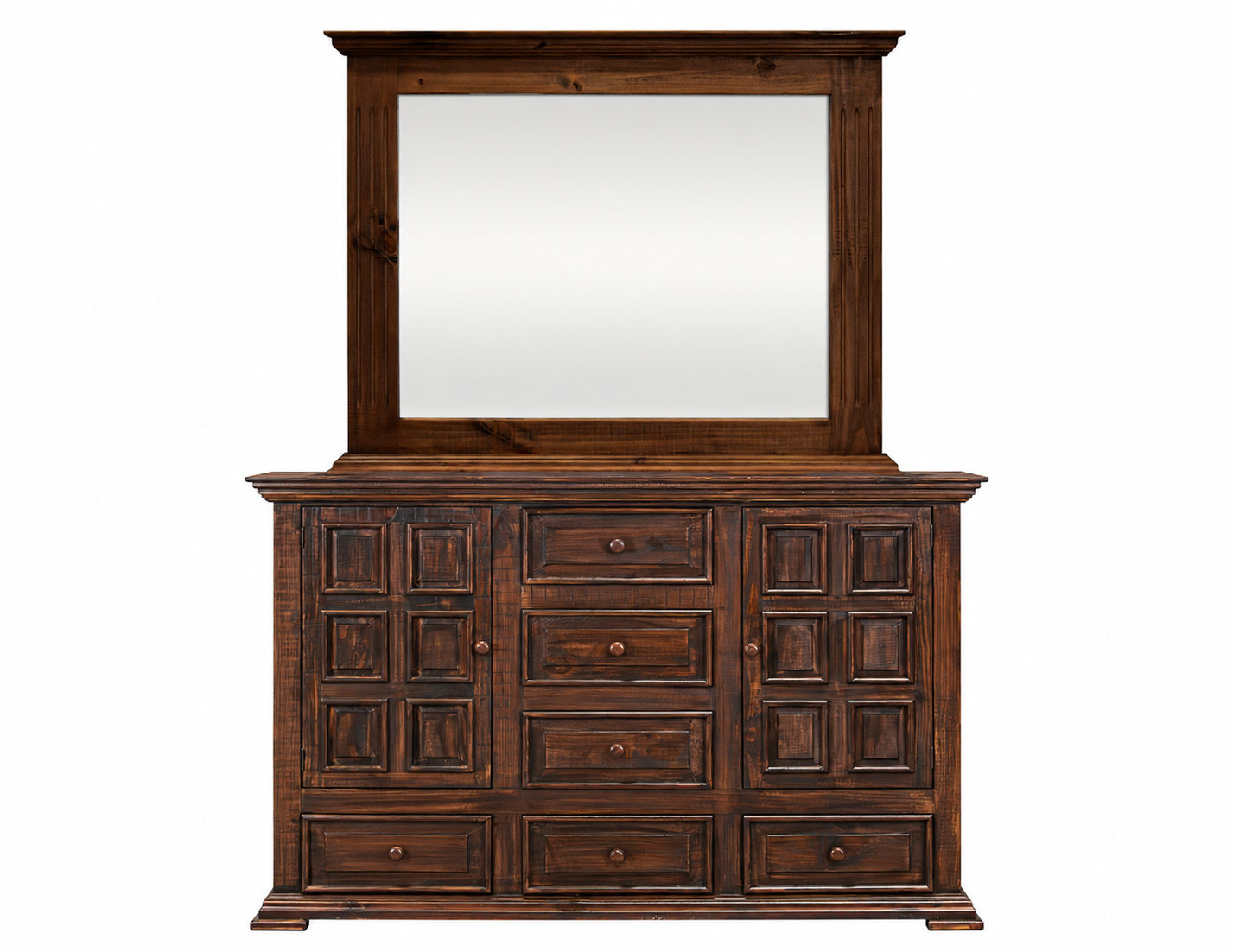 A dark brown wooden dresser with an attached mirror, featuring multiple drawers and cabinet doors with decorative panel details, shown against a plain white background.