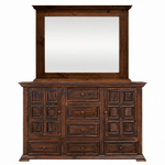 A dark brown wooden dresser with an attached mirror, featuring multiple drawers and cabinet doors with decorative panel details, shown against a plain white background.