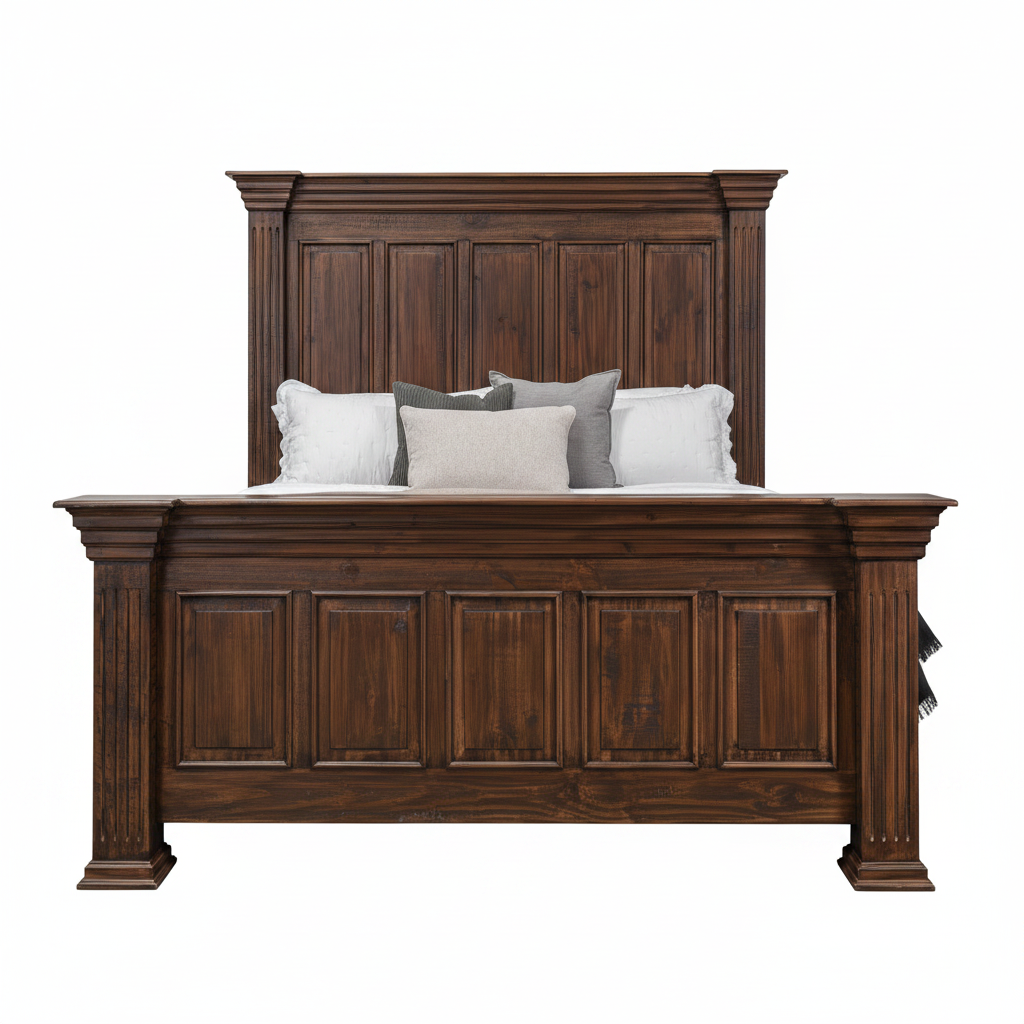 A dark brown wooden bed frame with a tall paneled headboard and matching footboard, shown with white bedding, gray pillows, and a dark throw blanket on a plain white background.