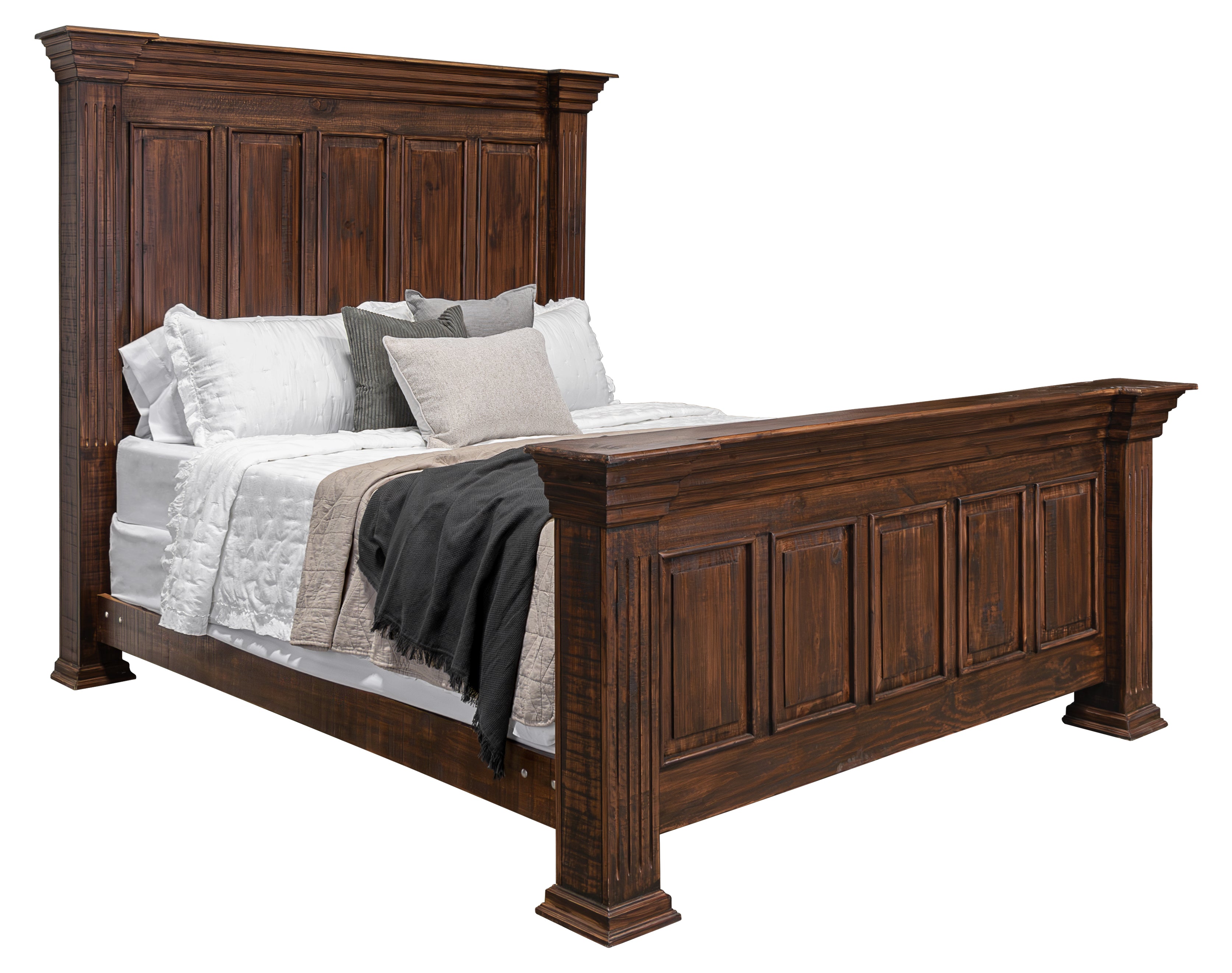 A dark brown wooden bed frame with a tall paneled headboard and matching footboard, shown with white bedding, gray pillows, and a dark throw blanket on a plain white background.