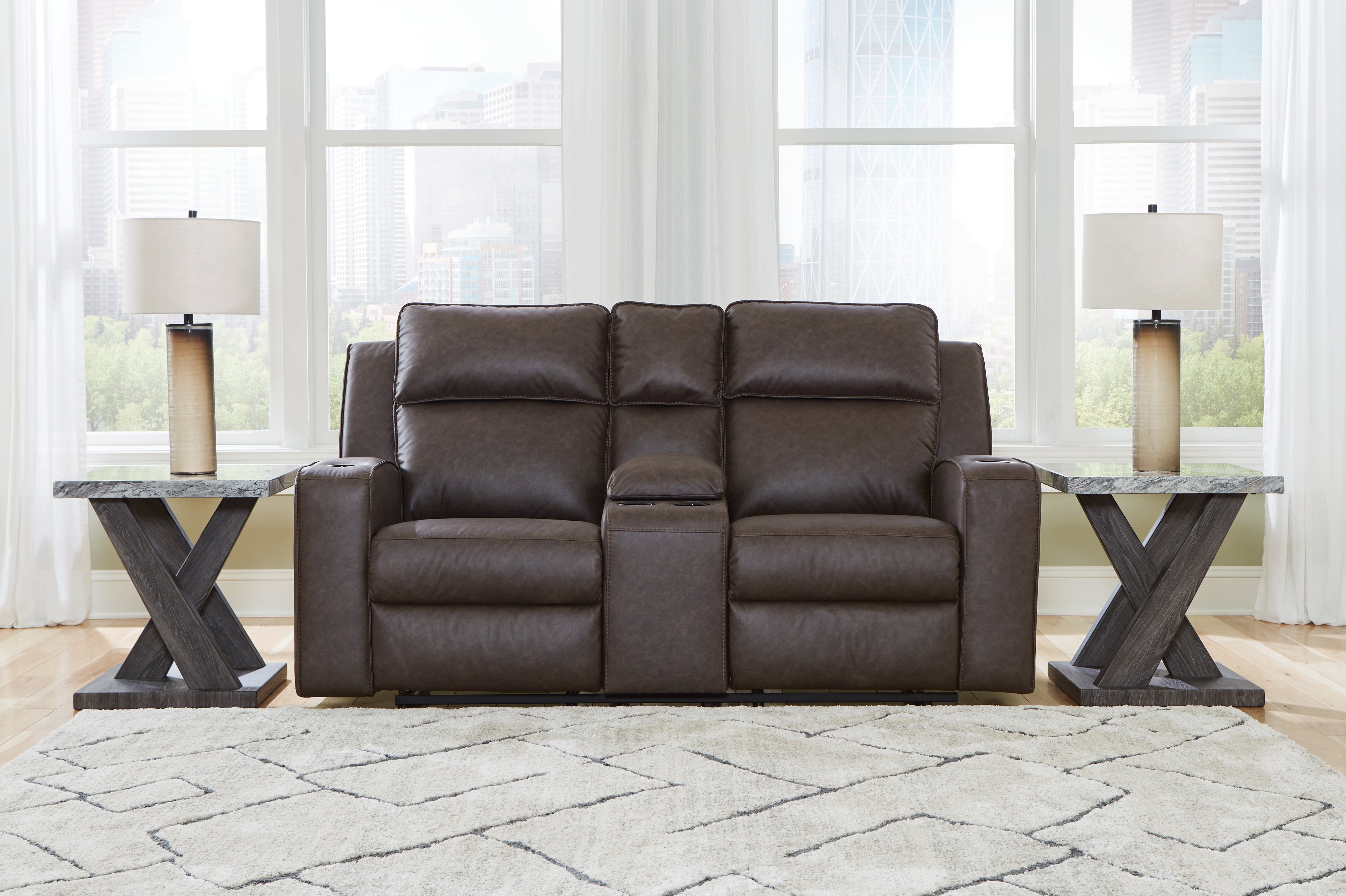 Ashley Furniture - Lavenhorne Reclining Loveseat With Console - Granite - Dark Gray Faux Leather - Loveseats - Additional View 1