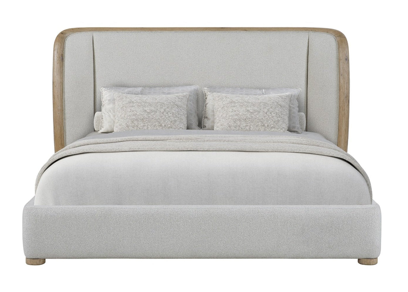 An upholstered bed with a tall rectangular headboard and matching footboard, shown from the front on a plain white background. The bed is dressed in light gray bedding and two textured light gray pillows.