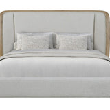 An upholstered bed with a tall rectangular headboard and matching footboard, shown from the front on a plain white background. The bed is dressed in light gray bedding and two textured light gray pillows.