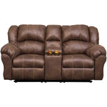 A brown leather reclining loveseat sofa with two padded back cushions, wide armrests, and a center console holding two small glasses, shown on a plain white background.