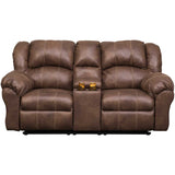 A brown leather reclining loveseat sofa with two padded back cushions, wide armrests, and a center console holding two small glasses, shown on a plain white background.