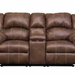 A brown leather reclining loveseat sofa with a center console, shown from the front against a plain white background.