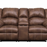 A brown leather reclining loveseat sofa with a center console, shown from the front against a plain white background.