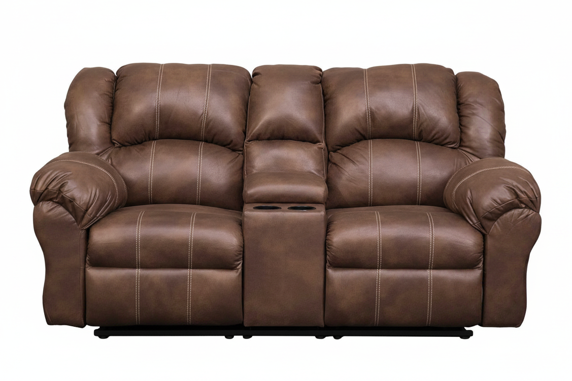 A brown leather reclining loveseat sofa with a center console, shown from the front against a plain white background.