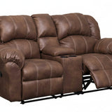 A brown faux-leather reclining loveseat with a center console table and two extended reclining seats, shown on a plain white background.