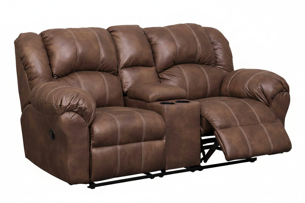 A brown faux-leather reclining loveseat with a center console table and two extended reclining seats, shown on a plain white background.