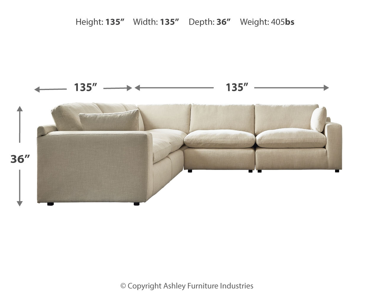 Ashley Furniture - ELYZA LINEN 5 PIECE SECTIONAL - Beige Fabric - Sectionals - Additional View 4