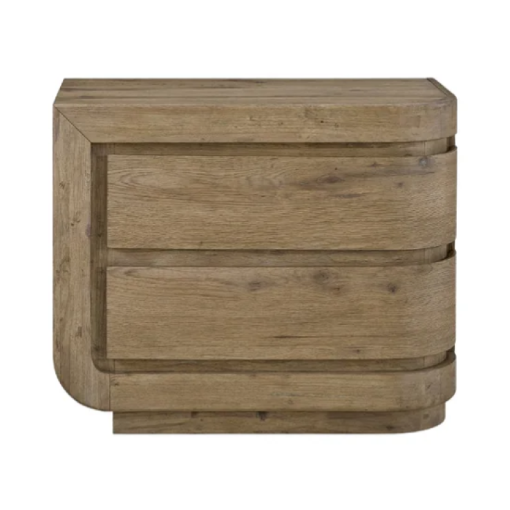 A rustic two-drawer nightstand with a curved front and a weathered, light brown wood finish, shown against a plain white background.