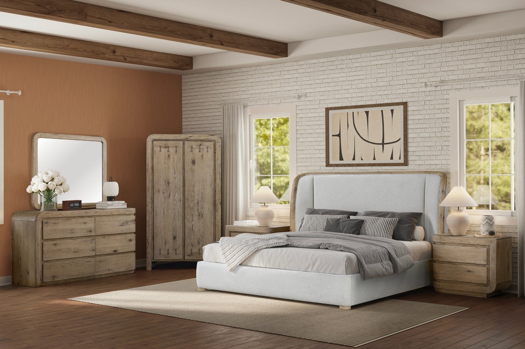 Modern bedroom with a bed, dresser, and wardrobe in a well-lit room.