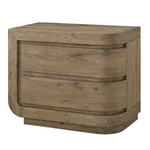 A two-drawer wooden nightstand with a rounded modern design, featuring a warm medium brown wood finish and visible grain patterns, set against a plain white background.