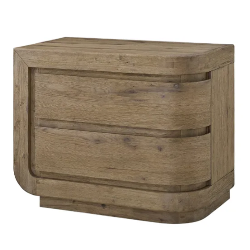 A two-drawer wooden nightstand with a rounded modern design, featuring a warm medium brown wood finish and visible grain patterns, set against a plain white background.