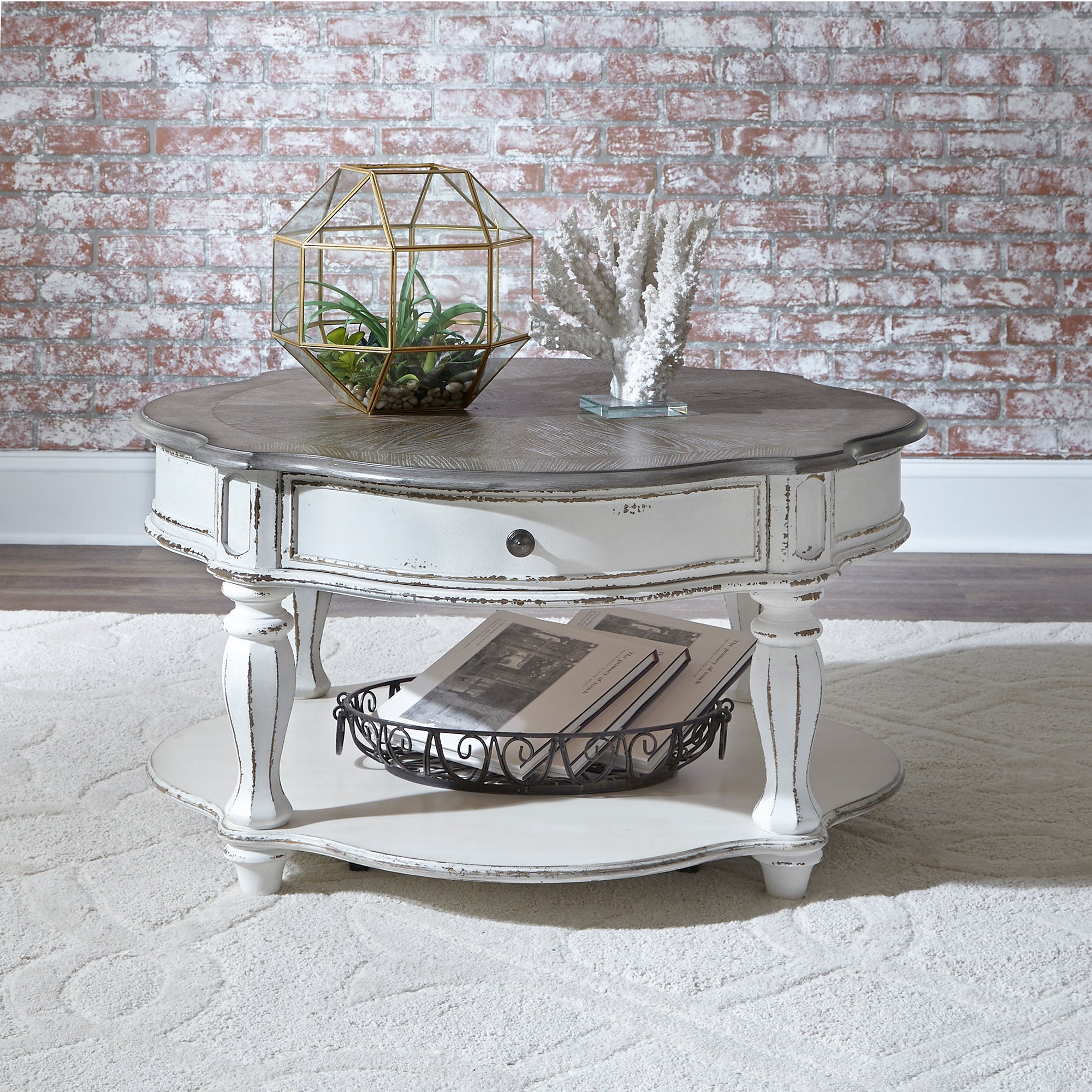 Liberty Furniture - Magnolia Manor Round Cocktail Table - Antique White - White|Dark Brown Wood - Tables - Additional View 1