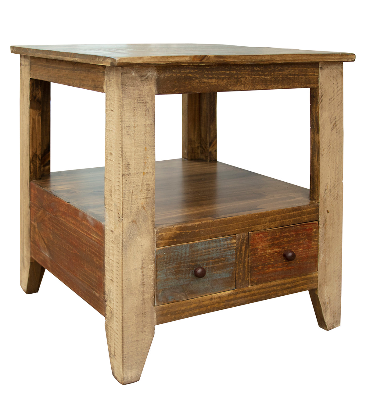 International Furniture Direct - ANTIQUE 2 DRAWER END TABLE - Light Brown Wood - Tables