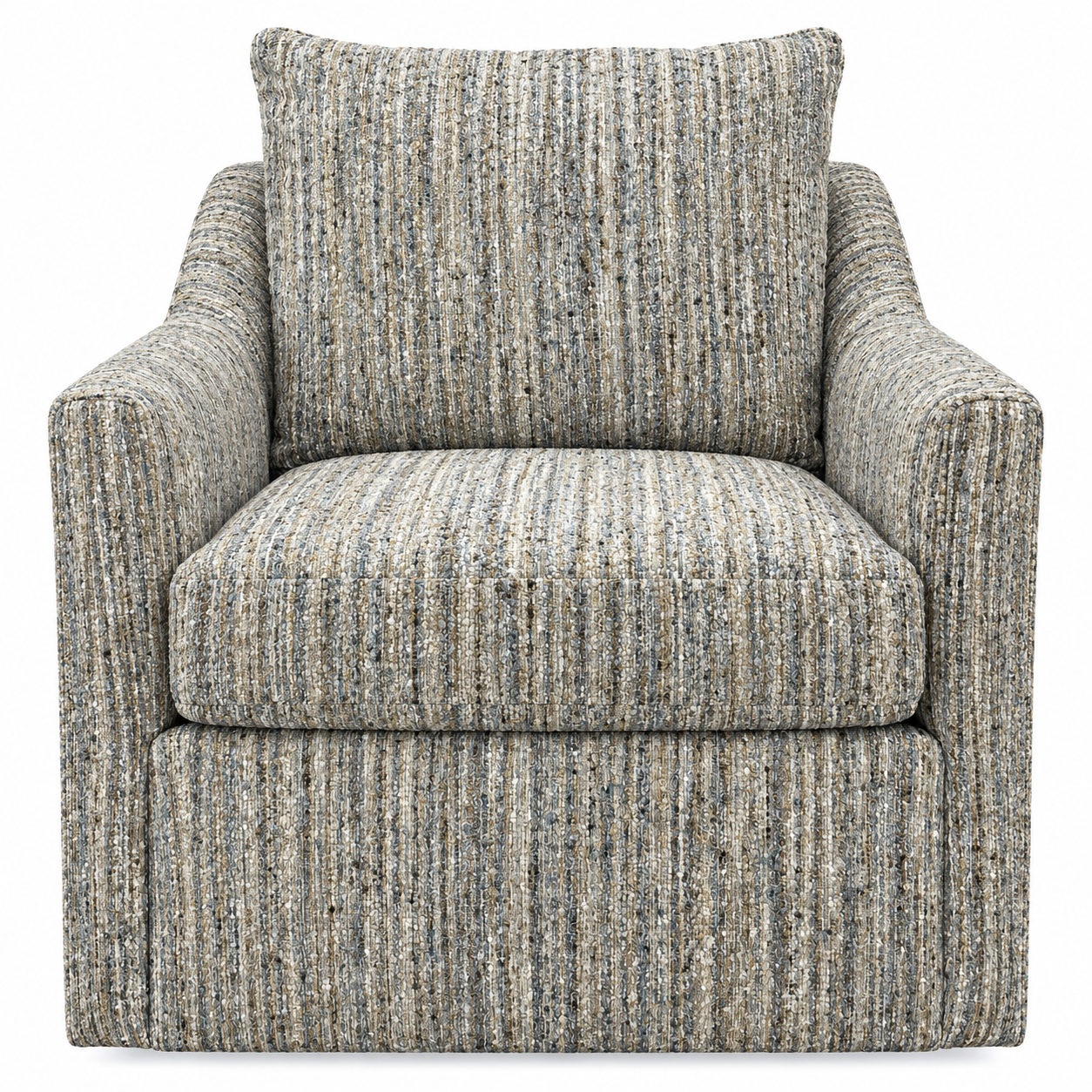 A square upholstered armchair with a textured, heathered vertical stripe pattern in gray, beige, and white, featuring a matching back cushion and a swivel base.