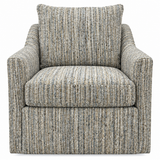 A square upholstered armchair with a textured, heathered vertical stripe pattern in gray, beige, and white, featuring a matching back cushion and a swivel base.