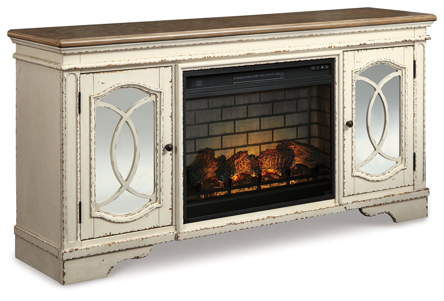 Ashley Furniture - REALYN 74" TV STAND WITH FIREPLACE - White|Black Glass|Wood - TV Stands