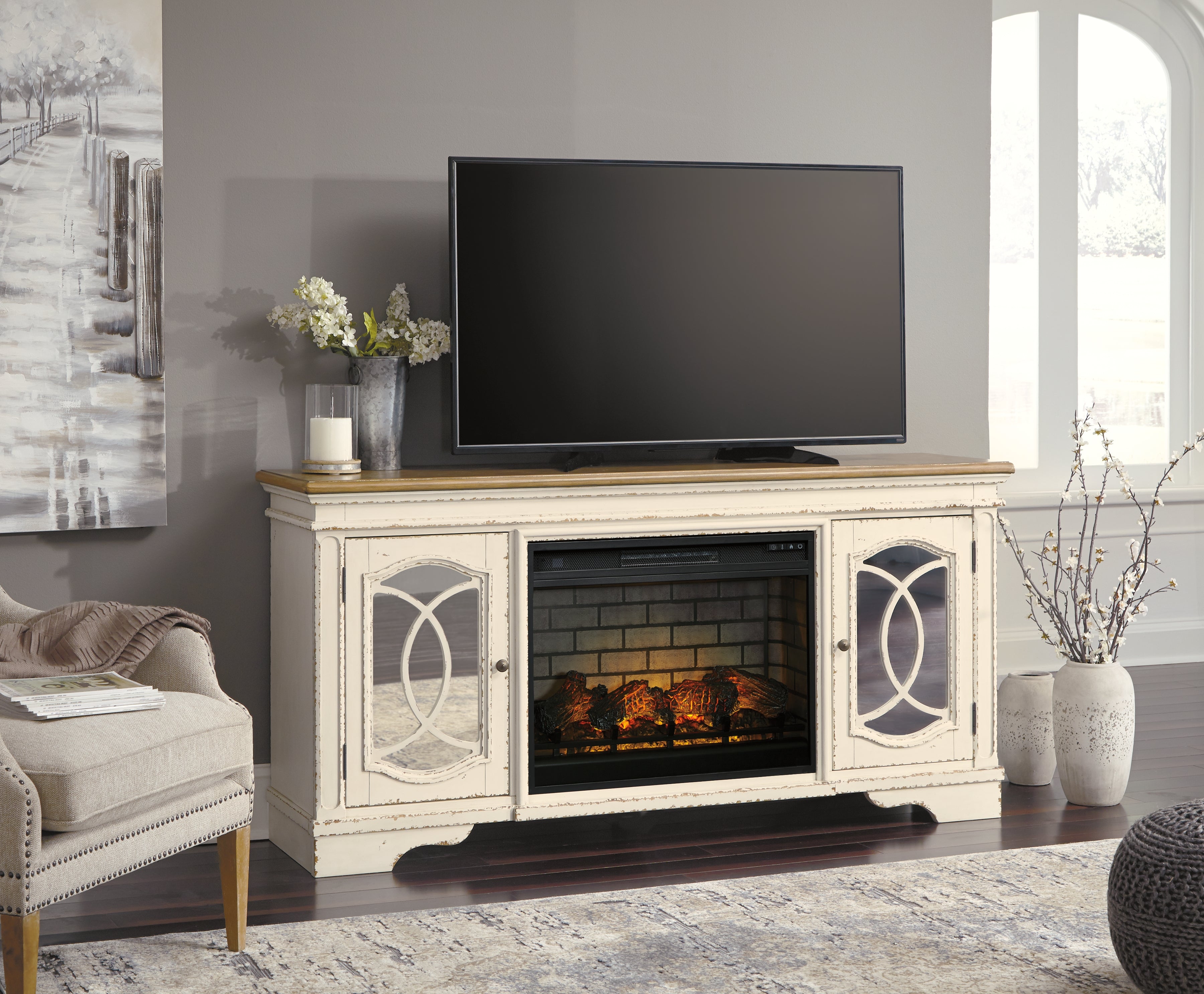 Ashley Furniture - REALYN 74" TV STAND WITH FIREPLACE - White|Black Glass|Wood - TV Stands - Additional View 1
