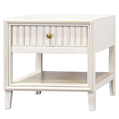 White nightstand with a drawer and shelf on a white background