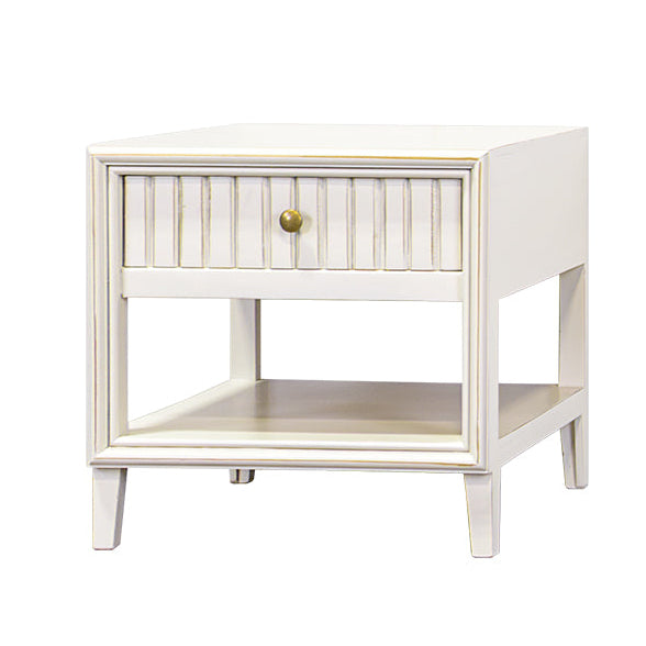 White nightstand with a drawer and shelf on a white background