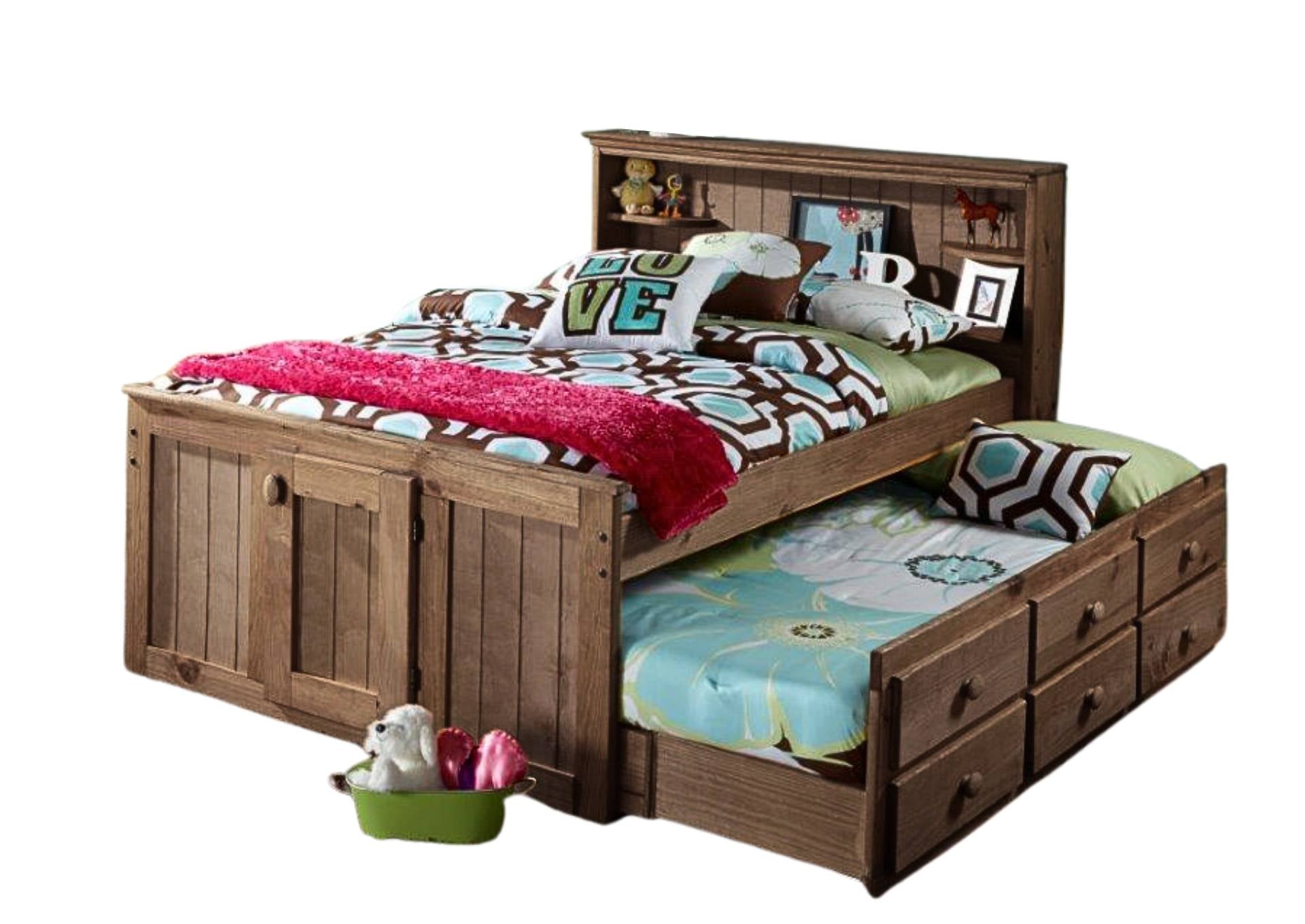 Diego Chestnut Full Captain's Bed With Twin Trundle And Bunkie Mattresses