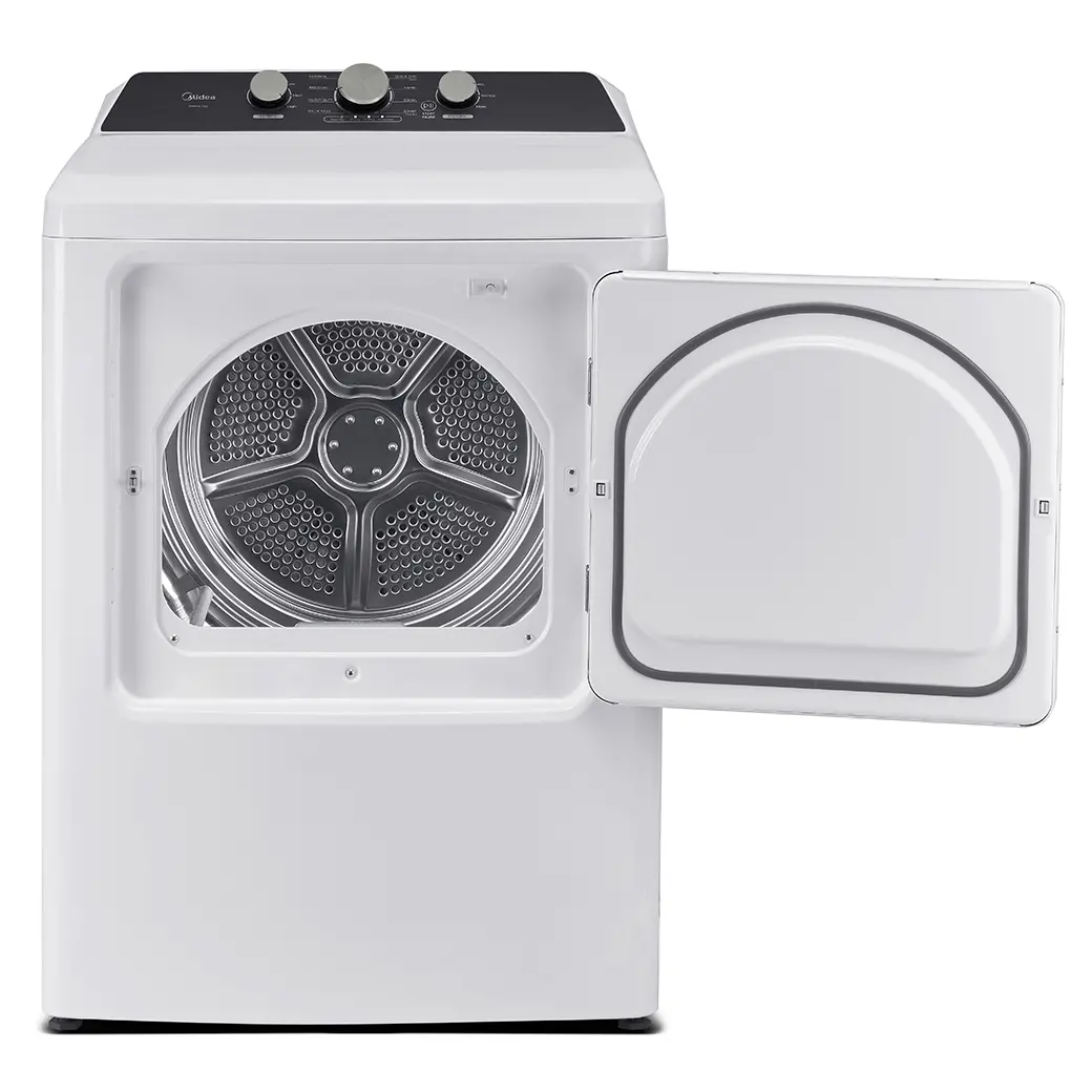 A white front-load tumble dryer with its door open, showing the interior drum and control panel on a clean white background.