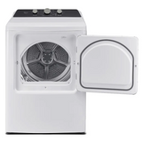 A white front-load tumble dryer with its door open, showing the interior drum and control panel on a clean white background.