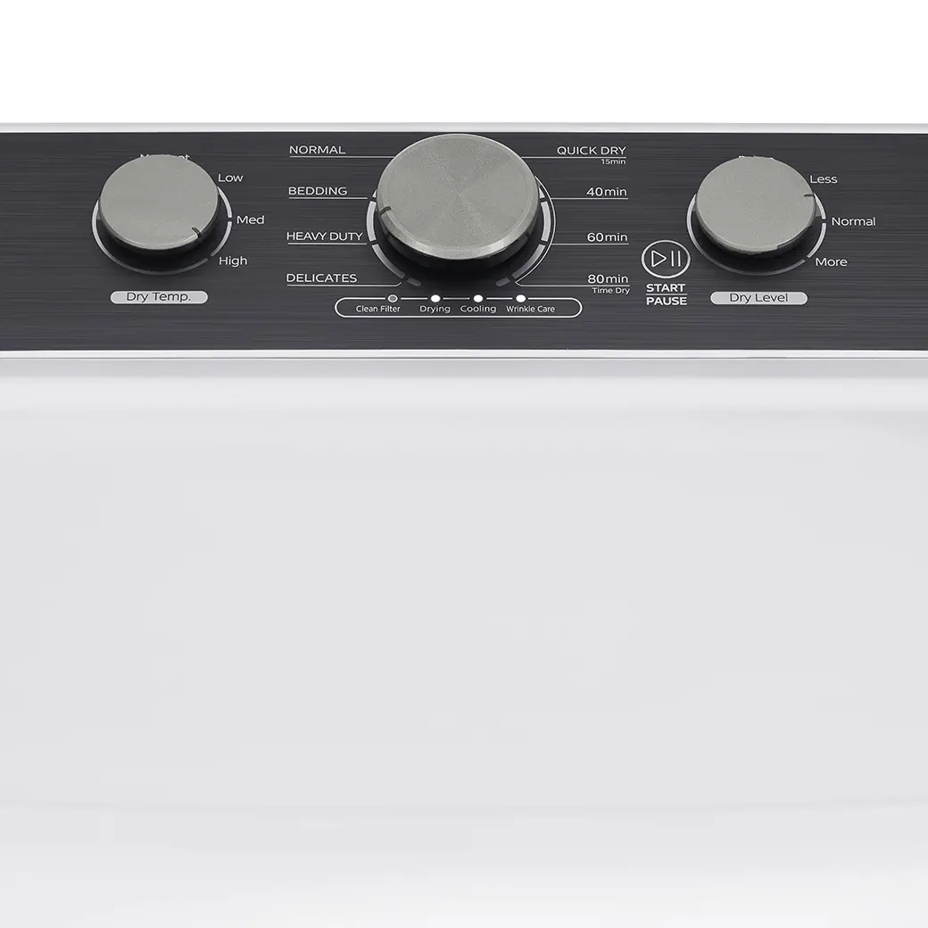 Close-up of a white appliance control panel with three dark gray rotary knobs and printed settings including Normal, Quick Dry, Bedding, Heavy Duty, and Dry Level.