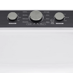 Close-up of a white appliance control panel with three dark gray rotary knobs and printed settings including Normal, Quick Dry, Bedding, Heavy Duty, and Dry Level.