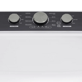 Close-up of a white appliance control panel with three dark gray rotary knobs and printed settings including Normal, Quick Dry, Bedding, Heavy Duty, and Dry Level.