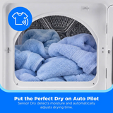 A close-up of a dryer door open, showing light blue towels inside. A blue icon in the top left indicates a t-shirt symbol with signal waves, and text at the bottom reads 'Put the Perfect Dry on Auto Pilot' with a smaller explanatory line about moisture detection and automatic drying time adjustment.
