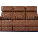 A three-seat brown leather reclining sofa with diamond-quilted paneling, side cup holders, and blue LED underglow, shown against a plain white background.