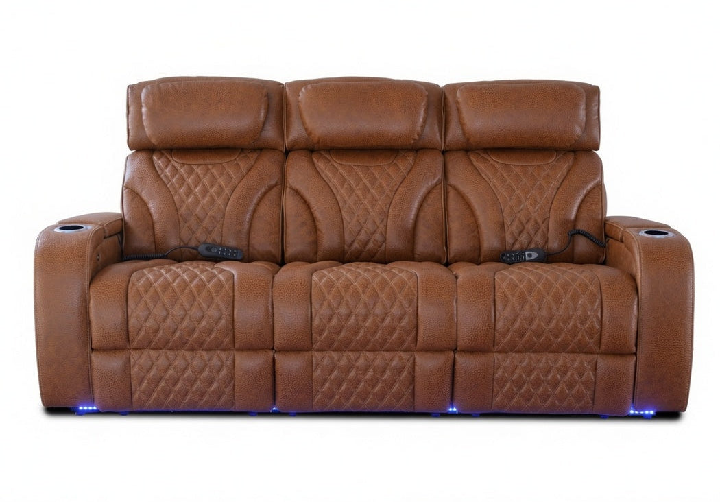 A three-seat brown leather reclining sofa with diamond-quilted paneling, side cup holders, and blue LED underglow, shown against a plain white background.