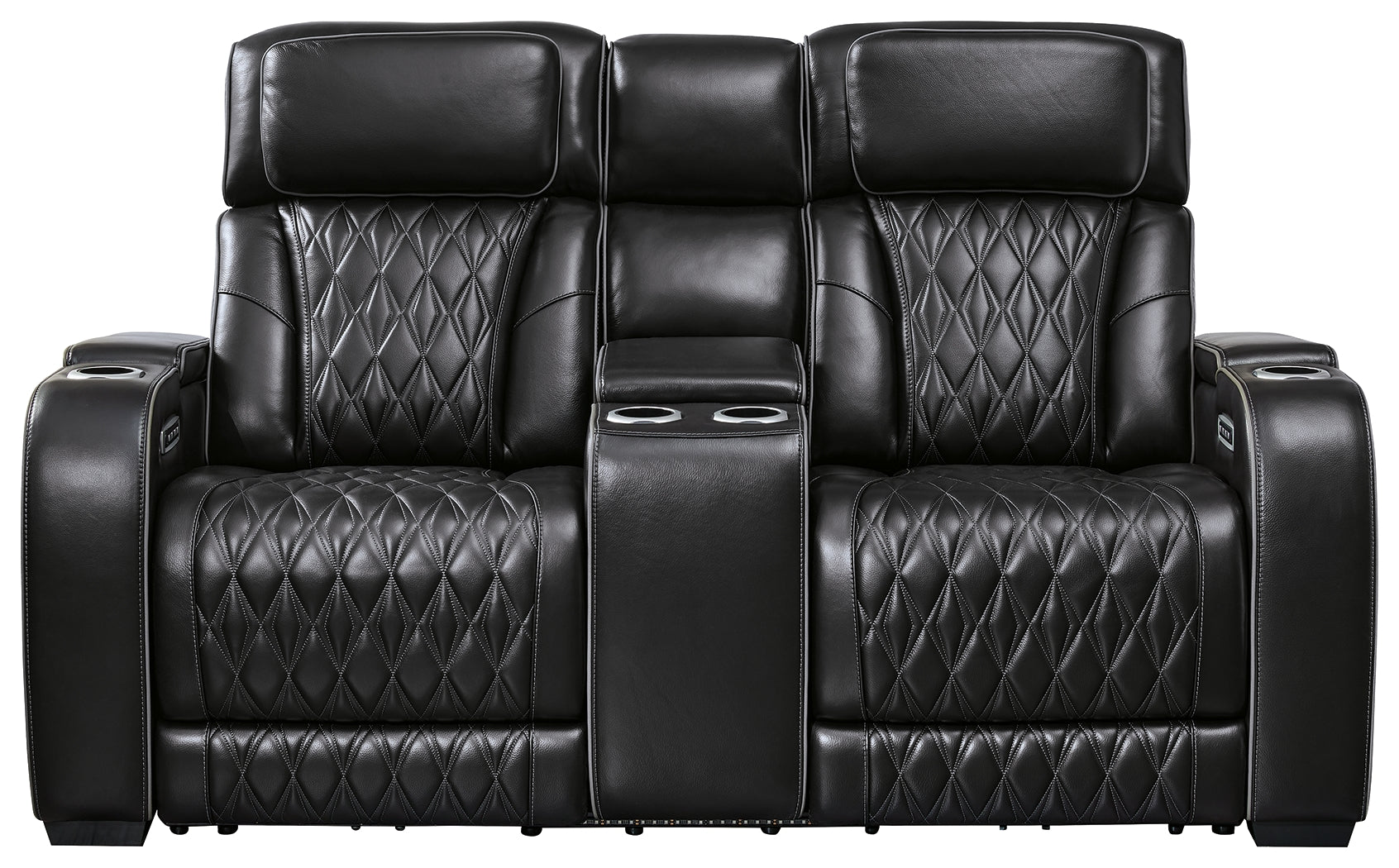 Ashley Furniture - Boyington Power Console Loveseat With Massage, Heat, And Led Lighting - Black - Leather Match - Loveseats
