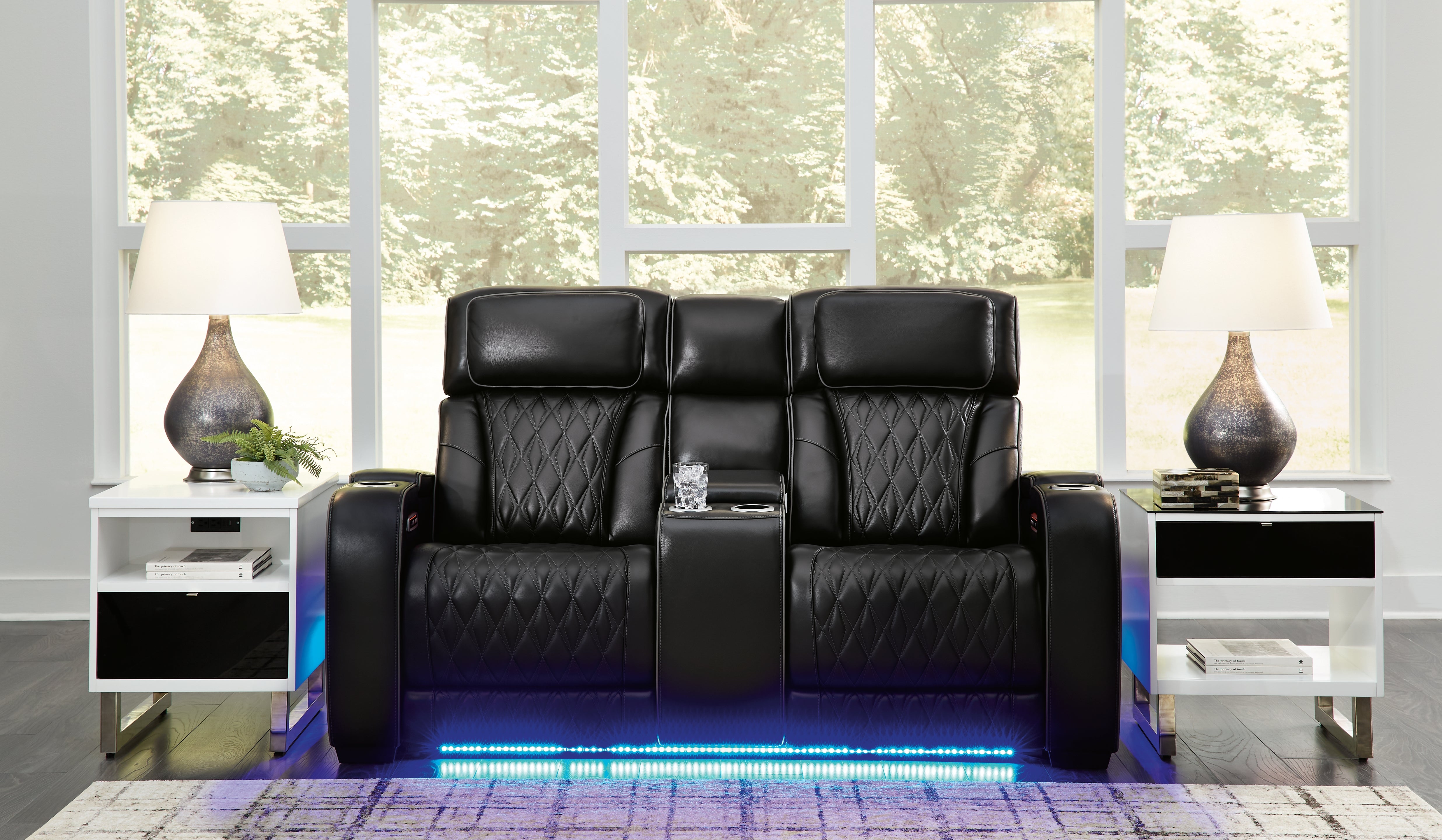 Ashley Furniture - Boyington Power Console Loveseat With Massage, Heat, And Led Lighting - Black - Leather Match - Loveseats - Additional View 1