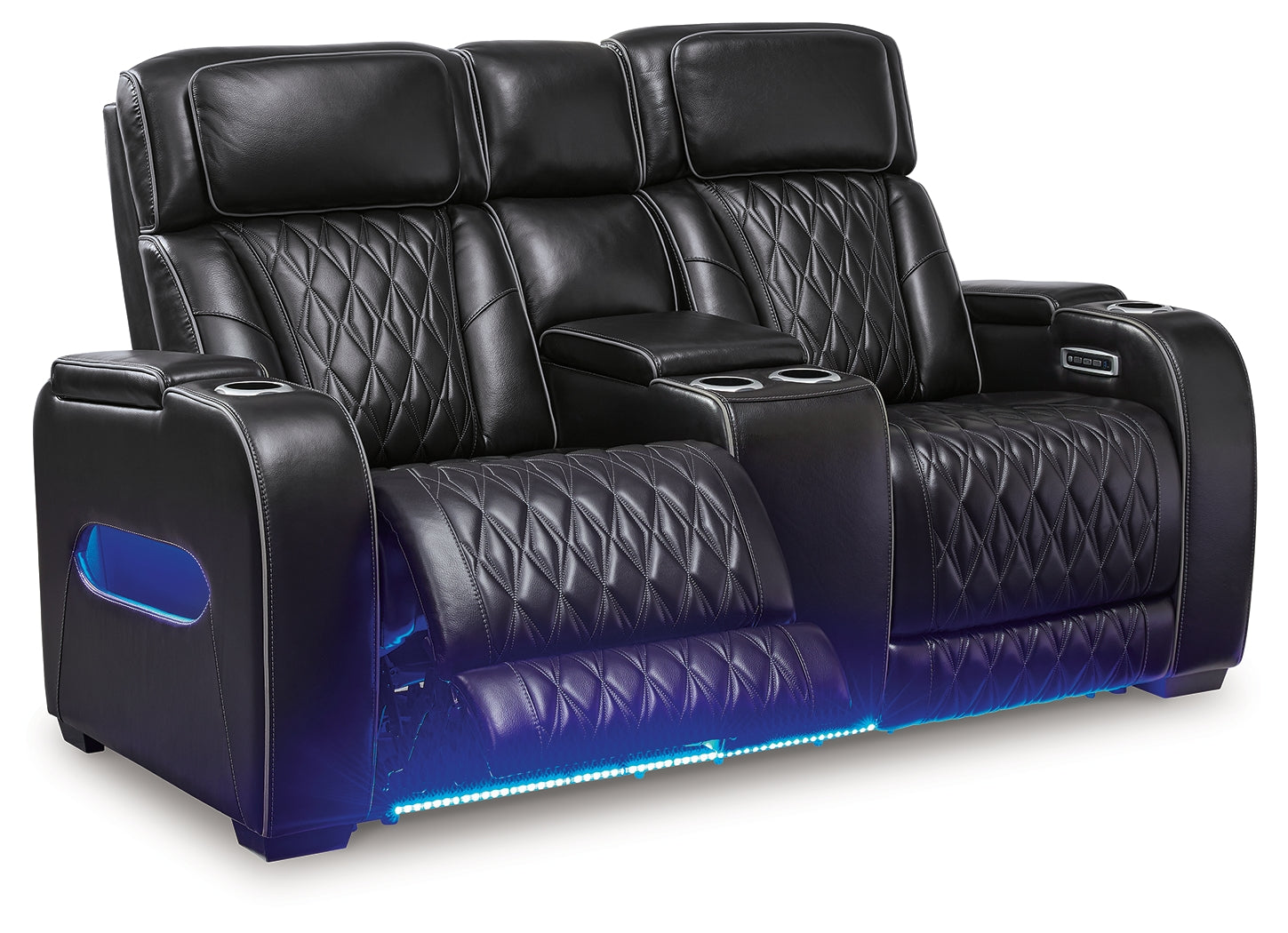 Ashley Furniture - Boyington Power Console Loveseat With Massage, Heat, And Led Lighting - Black - Leather Match - Loveseats - Additional View 4