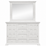 A white wooden dresser with a matching hutch mirror, featuring multiple drawers and cabinet doors with decorative panel details and small round knobs.