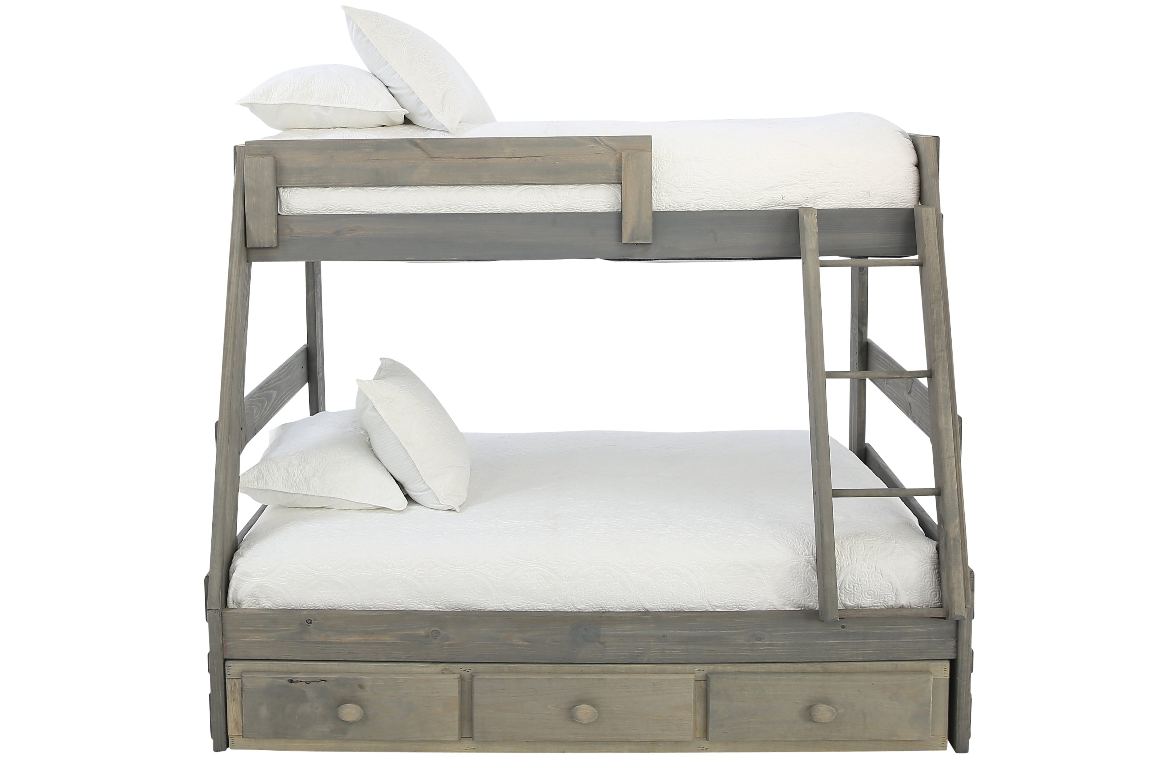 SAWYER DRIFTWOOD TWIN OVER FULL BUNKBED WITH STORAGE AND BUNKIE BOARDS