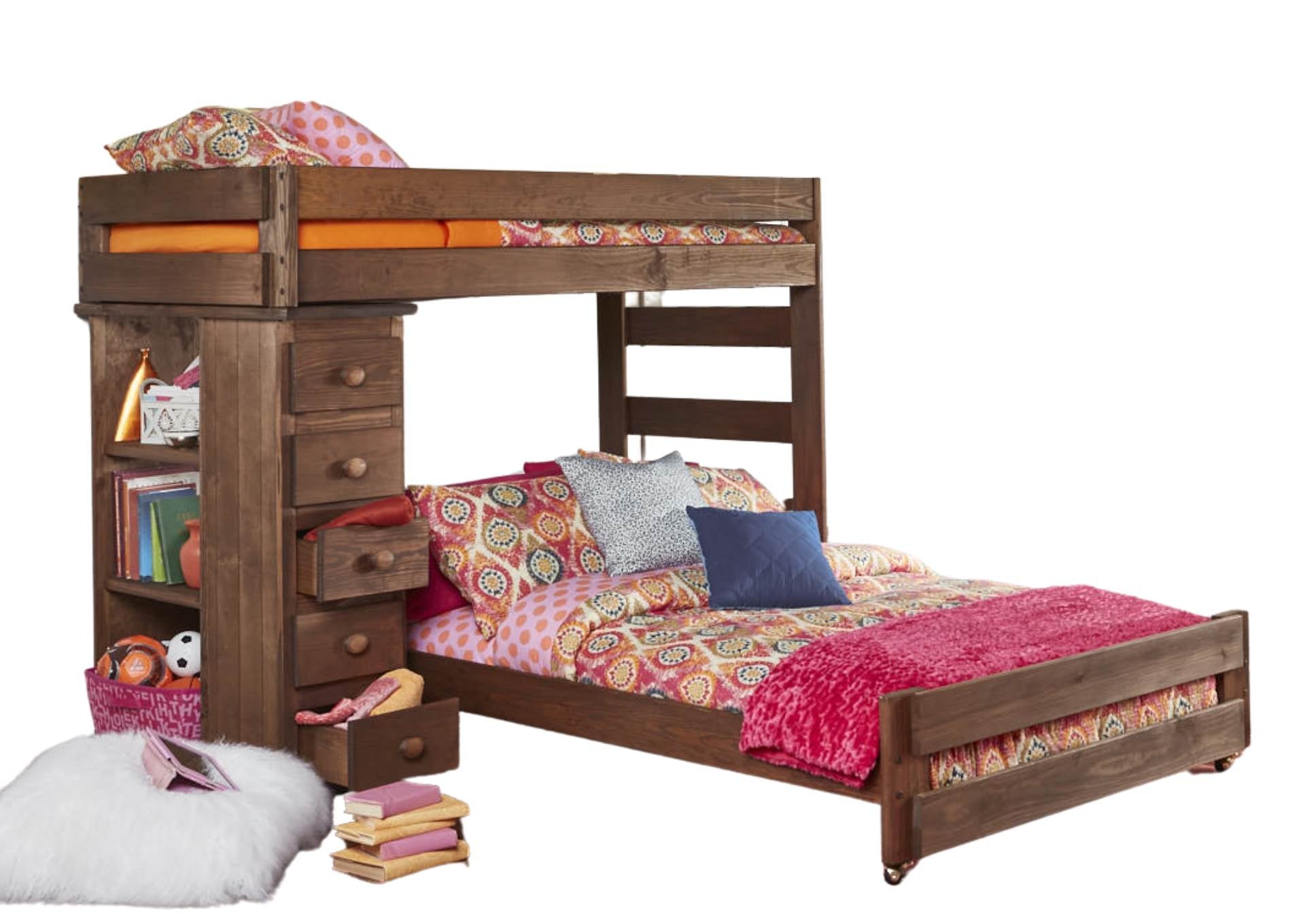 Diego Chestnut Twin Over Full Loft Bed With Bunkie Mattresses
